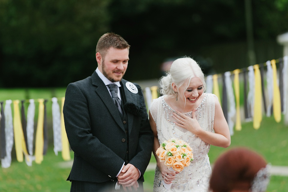 Esme by Jenny Packham, Loch Lomond wedding Scotland, grey wedding, yellow wedding, Humanist hand fasting ceremony.  Struve Photography