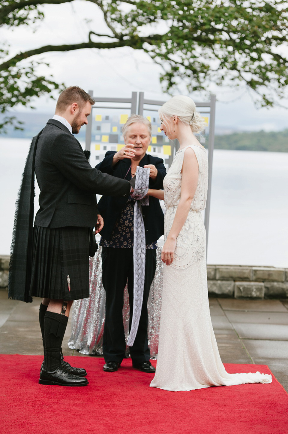 Esme by Jenny Packham, Loch Lomond wedding Scotland, grey wedding, yellow wedding, Humanist hand fasting ceremony.  Struve Photography