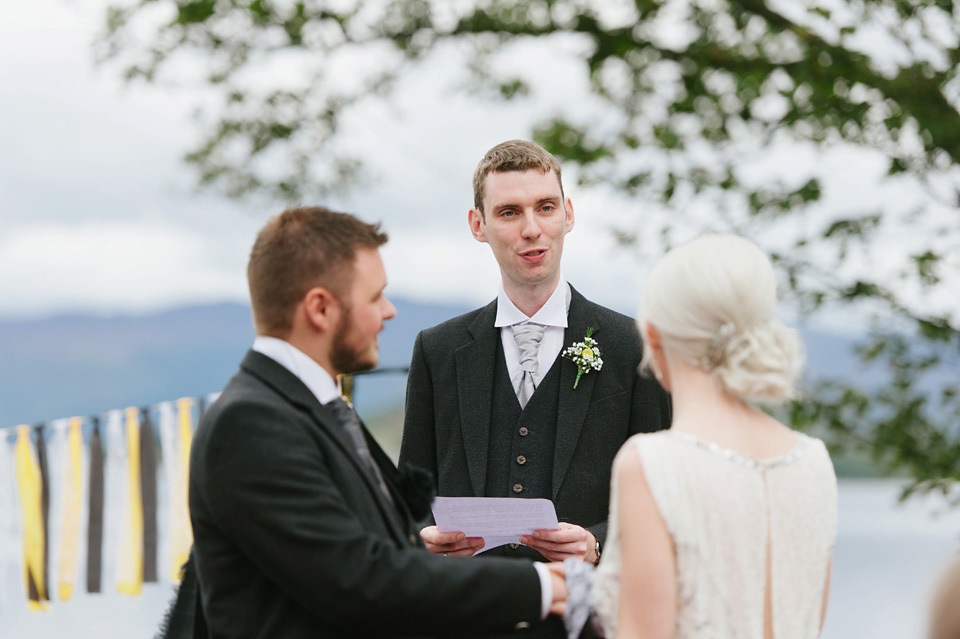 Esme by Jenny Packham, Loch Lomond wedding Scotland, grey wedding, yellow wedding, Humanist hand fasting ceremony.  Struve Photography