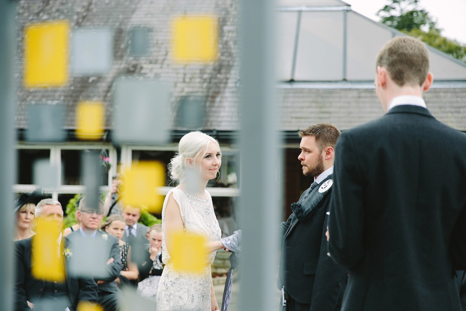 Esme by Jenny Packham, Loch Lomond wedding Scotland, grey wedding, yellow wedding, Humanist hand fasting ceremony.  Struve Photography
