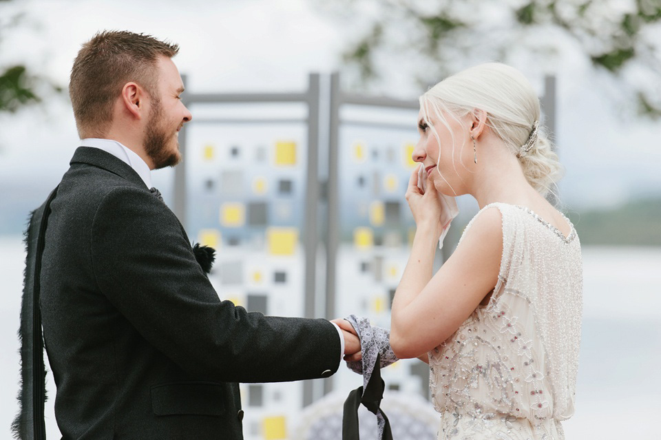 Esme by Jenny Packham, Loch Lomond wedding Scotland, grey wedding, yellow wedding, Humanist hand fasting ceremony.  Struve Photography