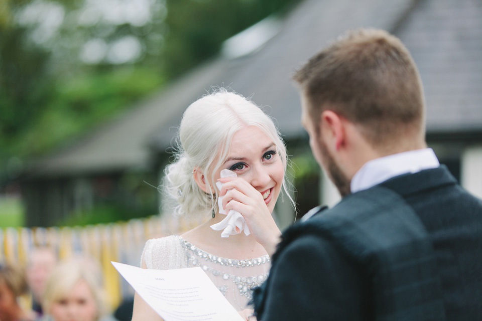 Esme by Jenny Packham, Loch Lomond wedding Scotland, grey wedding, yellow wedding, Humanist hand fasting ceremony.  Struve Photography