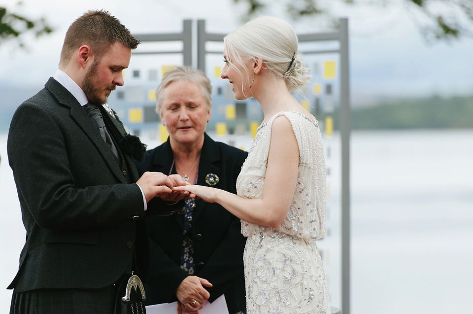 Esme by Jenny Packham, Loch Lomond wedding Scotland, grey wedding, yellow wedding, Humanist hand fasting ceremony.  Struve Photography