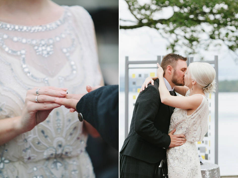 Esme by Jenny Packham, Loch Lomond wedding Scotland, grey wedding, yellow wedding, Humanist hand fasting ceremony.  Struve Photography