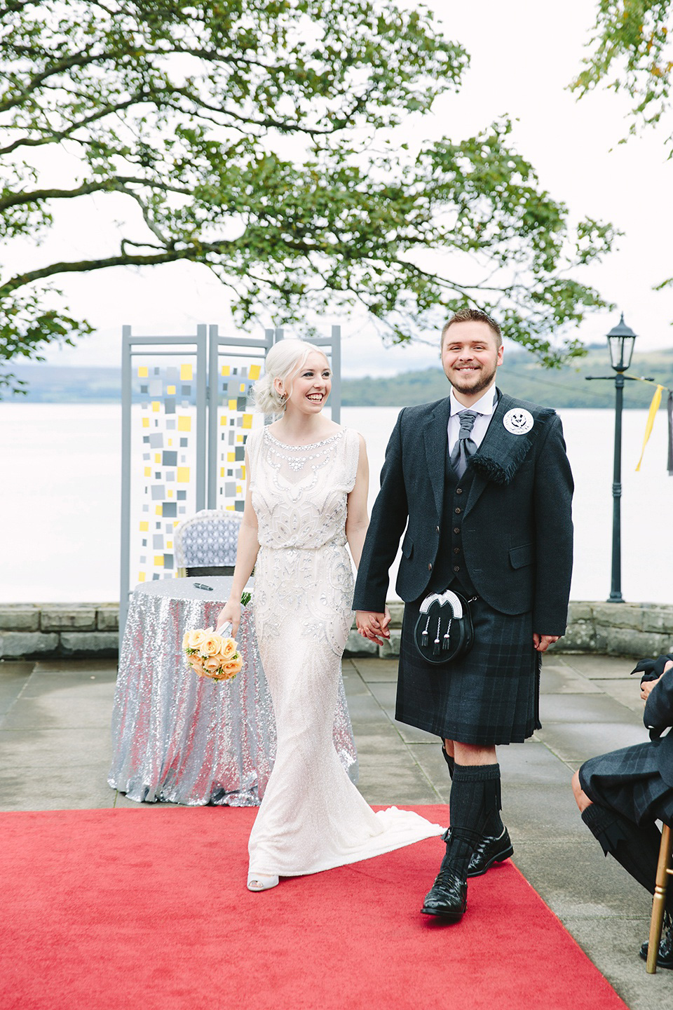 Esme by Jenny Packham, Loch Lomond wedding Scotland, grey wedding, yellow wedding, Humanist hand fasting ceremony.  Struve Photography