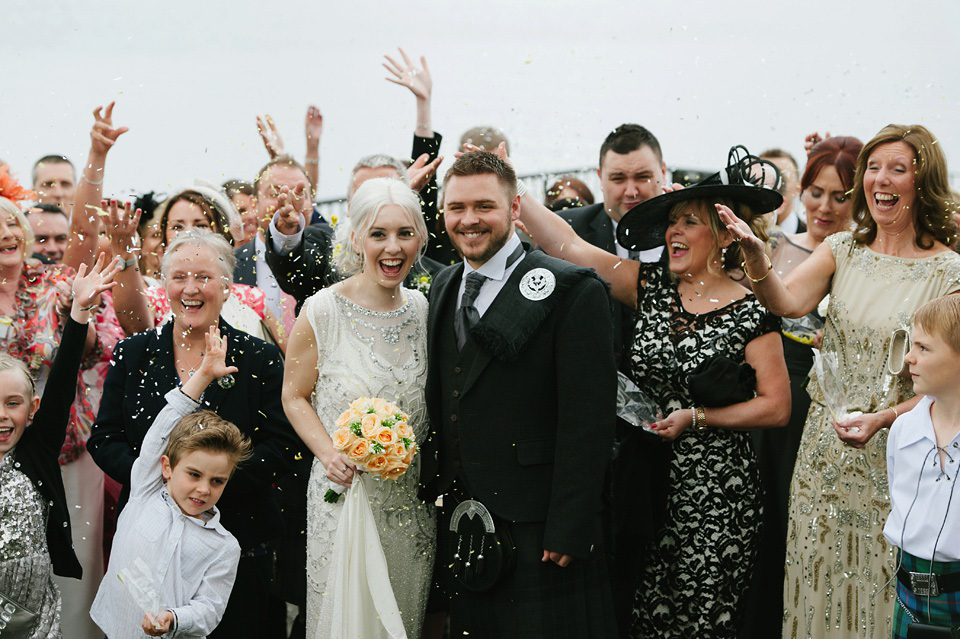 Esme by Jenny Packham, Loch Lomond wedding Scotland, grey wedding, yellow wedding, Humanist hand fasting ceremony.  Struve Photography