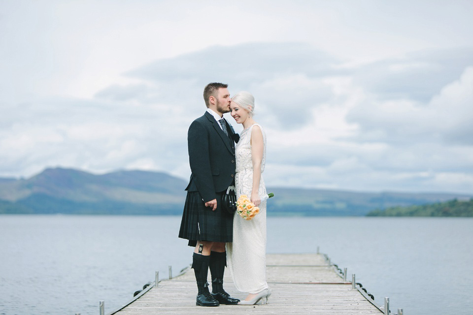 Esme by Jenny Packham, Loch Lomond wedding Scotland, grey wedding, yellow wedding, Humanist hand fasting ceremony.  Struve Photography