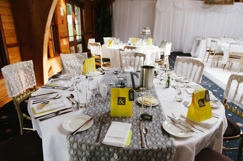 Esme by Jenny Packham, Loch Lomond wedding Scotland, grey wedding, yellow wedding, Humanist hand fasting ceremony.  Struve Photography