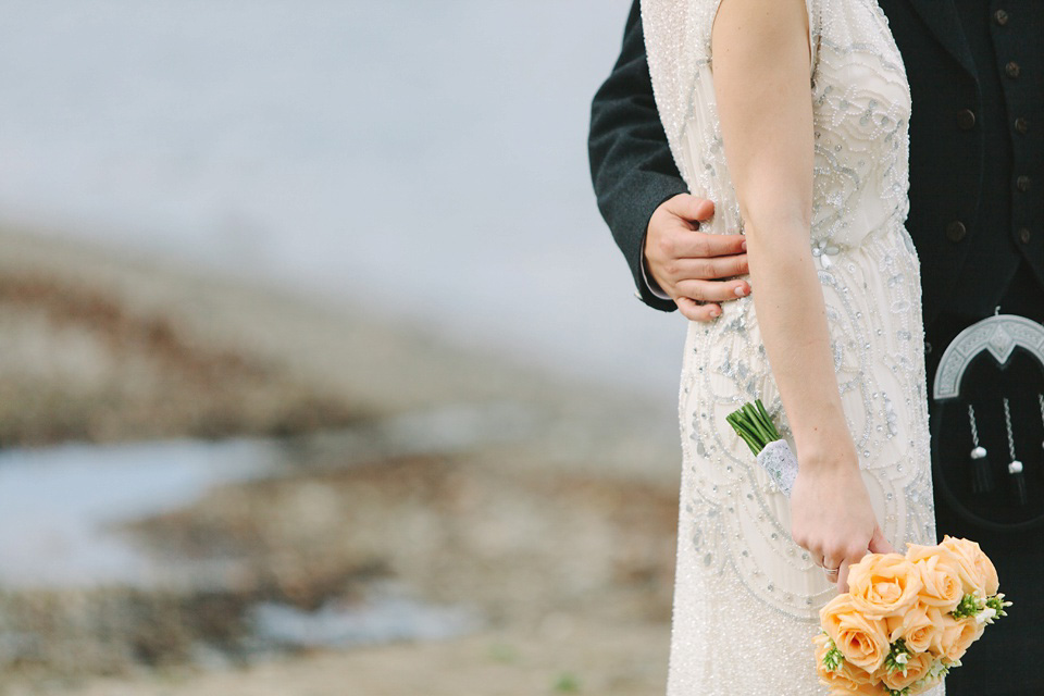 Esme by Jenny Packham, Loch Lomond wedding Scotland, grey wedding, yellow wedding, Humanist hand fasting ceremony.  Struve Photography