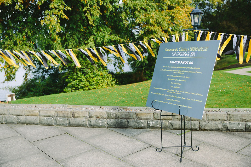 Esme by Jenny Packham, Loch Lomond wedding Scotland, grey wedding, yellow wedding, Humanist hand fasting ceremony.  Struve Photography