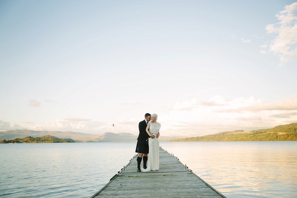 Esme by Jenny Packham, Loch Lomond wedding Scotland, grey wedding, yellow wedding, Humanist hand fasting ceremony.  Struve Photography