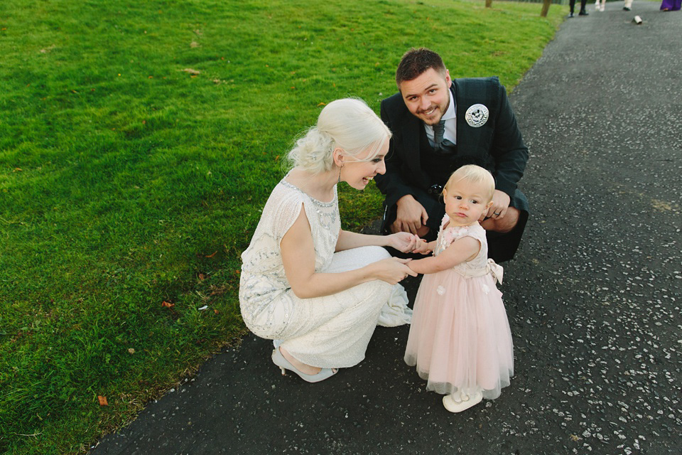 Esme by Jenny Packham, Loch Lomond wedding Scotland, grey wedding, yellow wedding, Humanist hand fasting ceremony.  Struve Photography