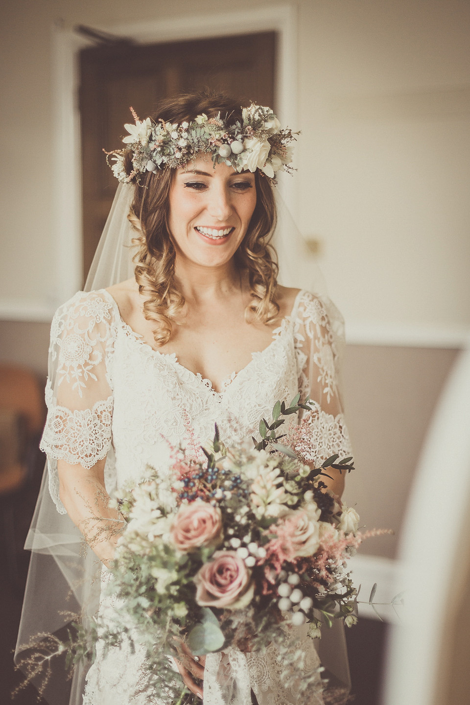 The bride wears YolanCris for her rustic, late Autumn barn wedding at Ramster Hall in Chiddingford, Surrey. Photography by Michelle Lindsell.