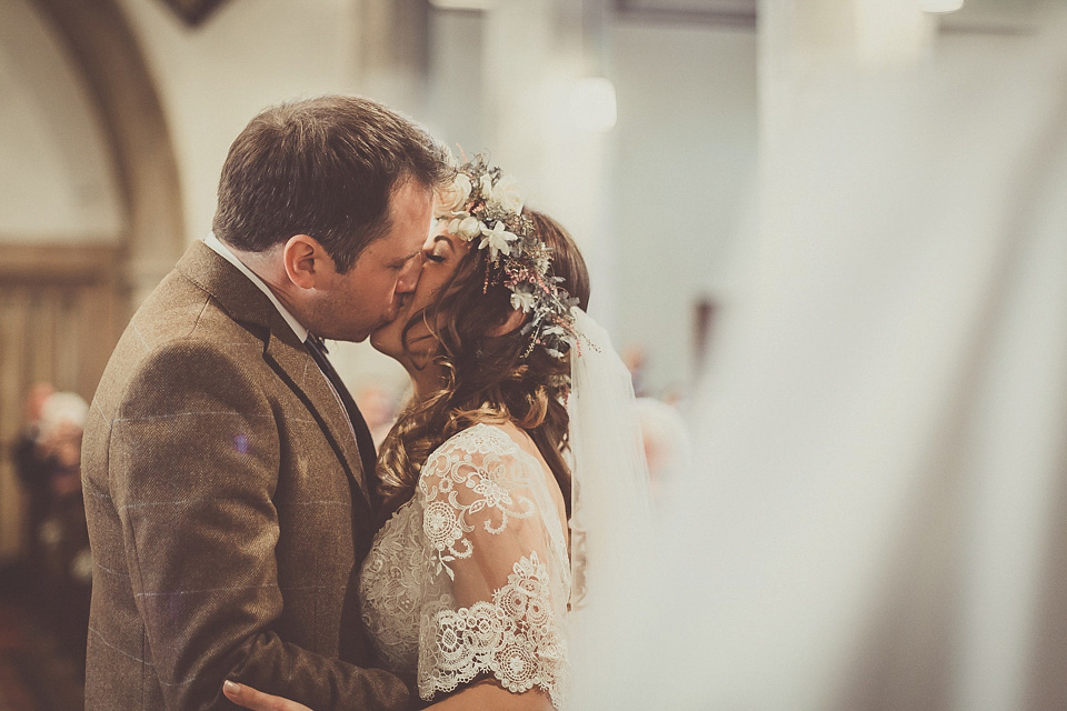 The bride wears YolanCris for her rustic, late Autumn barn wedding at Ramster Hall in Chiddingford, Surrey. Photography by Michelle Lindsell.