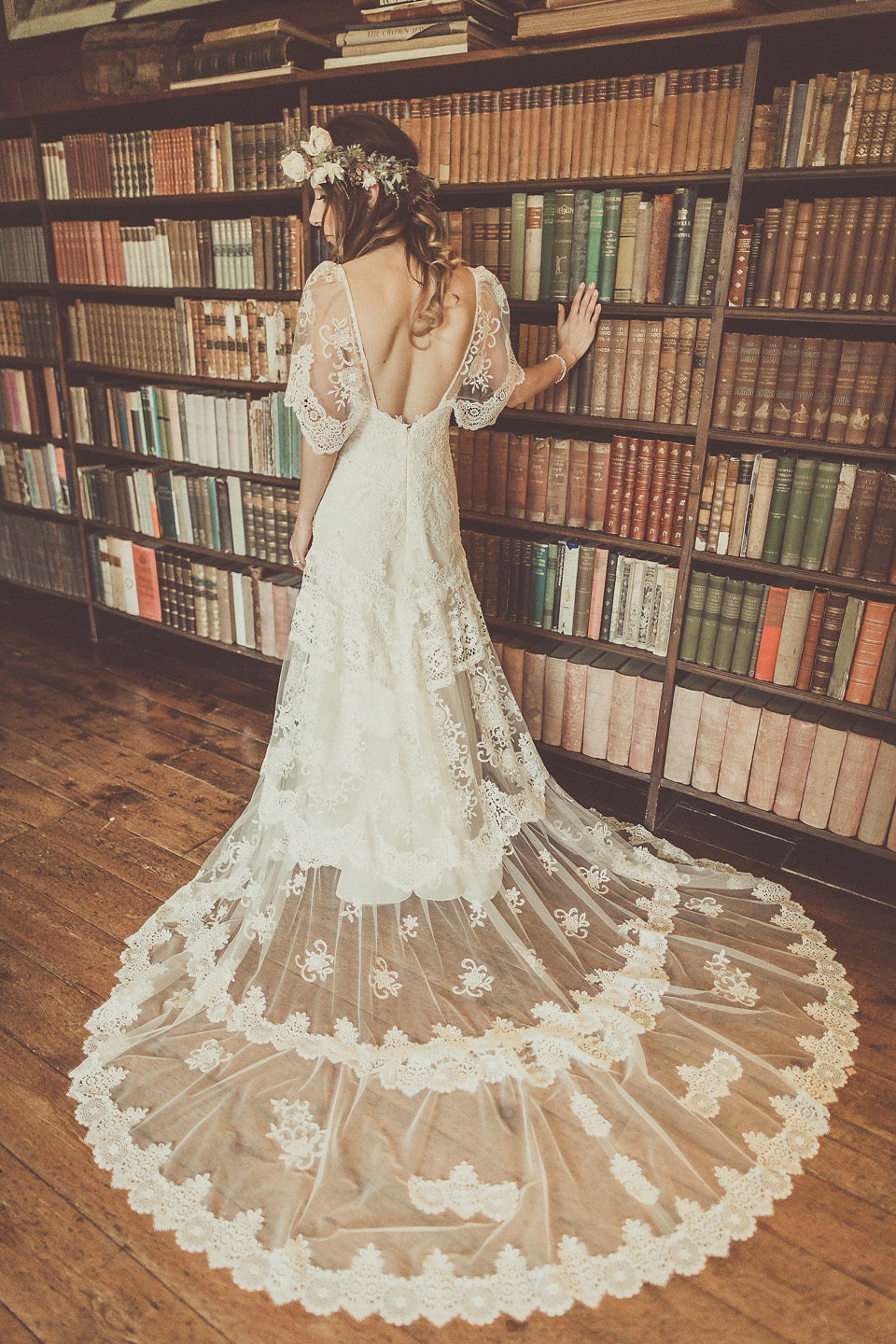 The bride wears YolanCris for her rustic, late Autumn barn wedding at Ramster Hall in Chiddingford, Surrey. Photography by Michelle Lindsell.