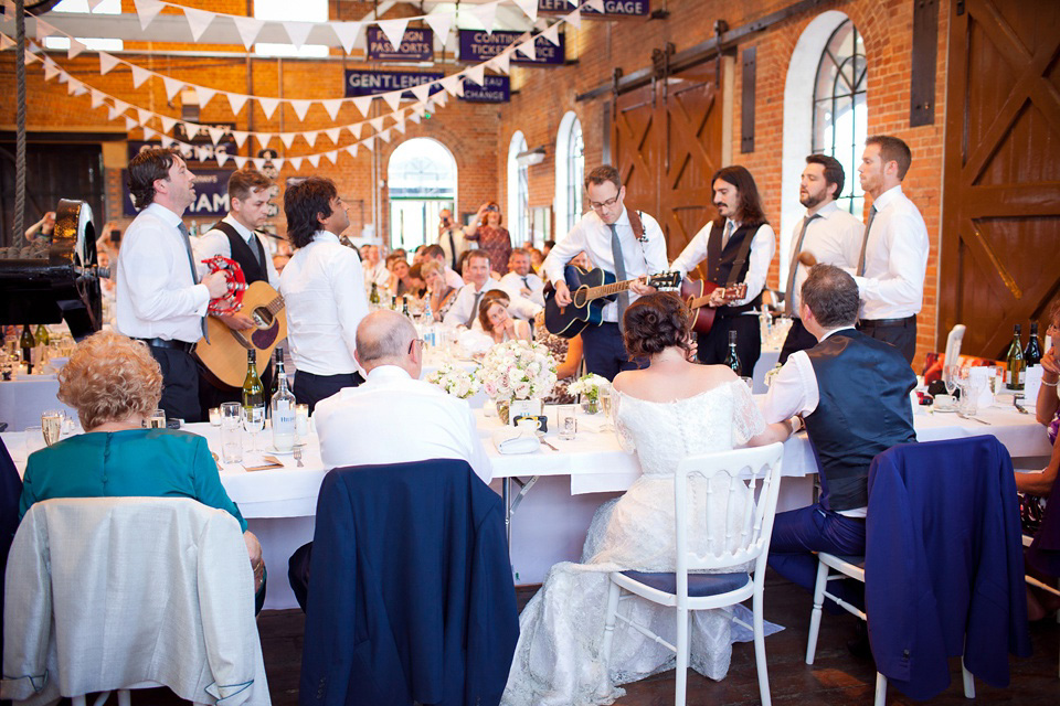 The bride created her own dress, veil and bridesmaids dresses for her Railway Museum wedding. Photography by Emma Sekhon.