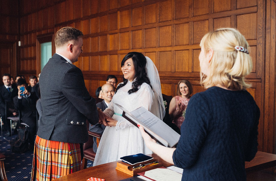 A 1980's vintage wedding dress for a DIY, handmade and craft filled village hall wedding in Scotland. Photography by Donna Murray. A 1980's vintage wedding dress for a DIY, handmade and craft filled village hall wedding in Scotland. Photography by Donna Murray.