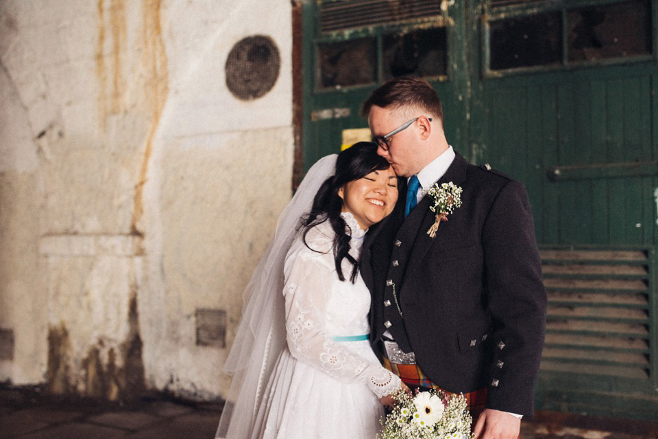 A 1980's vintage wedding dress for a DIY, handmade and craft filled village hall wedding in Scotland. Photography by Donna Murray. A 1980's vintage wedding dress for a DIY, handmade and craft filled village hall wedding in Scotland. Photography by Donna Murray.