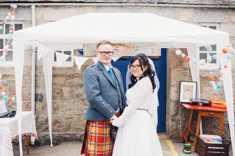 A 1980's vintage wedding dress for a DIY, handmade and craft filled village hall wedding in Scotland. Photography by Donna Murray. A 1980's vintage wedding dress for a DIY, handmade and craft filled village hall wedding in Scotland. Photography by Donna Murray.