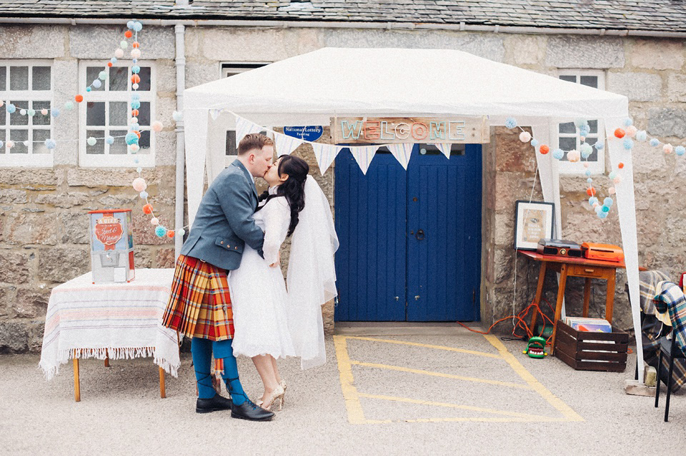 A 1980's vintage wedding dress for a DIY, handmade and craft filled village hall wedding in Scotland. Photography by Donna Murray. A 1980's vintage wedding dress for a DIY, handmade and craft filled village hall wedding in Scotland. Photography by Donna Murray.