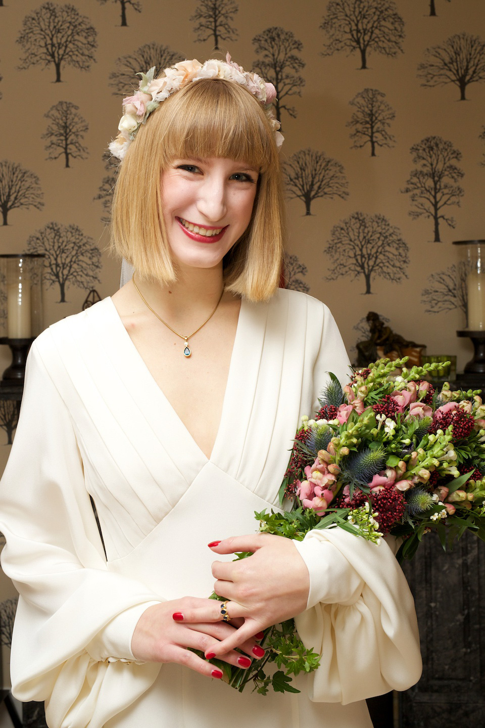 A 1970's Ossie Clarke inspired wedding dress for a stylish bride and her Winter Wedding in London. Photography by Sharon Cooper.