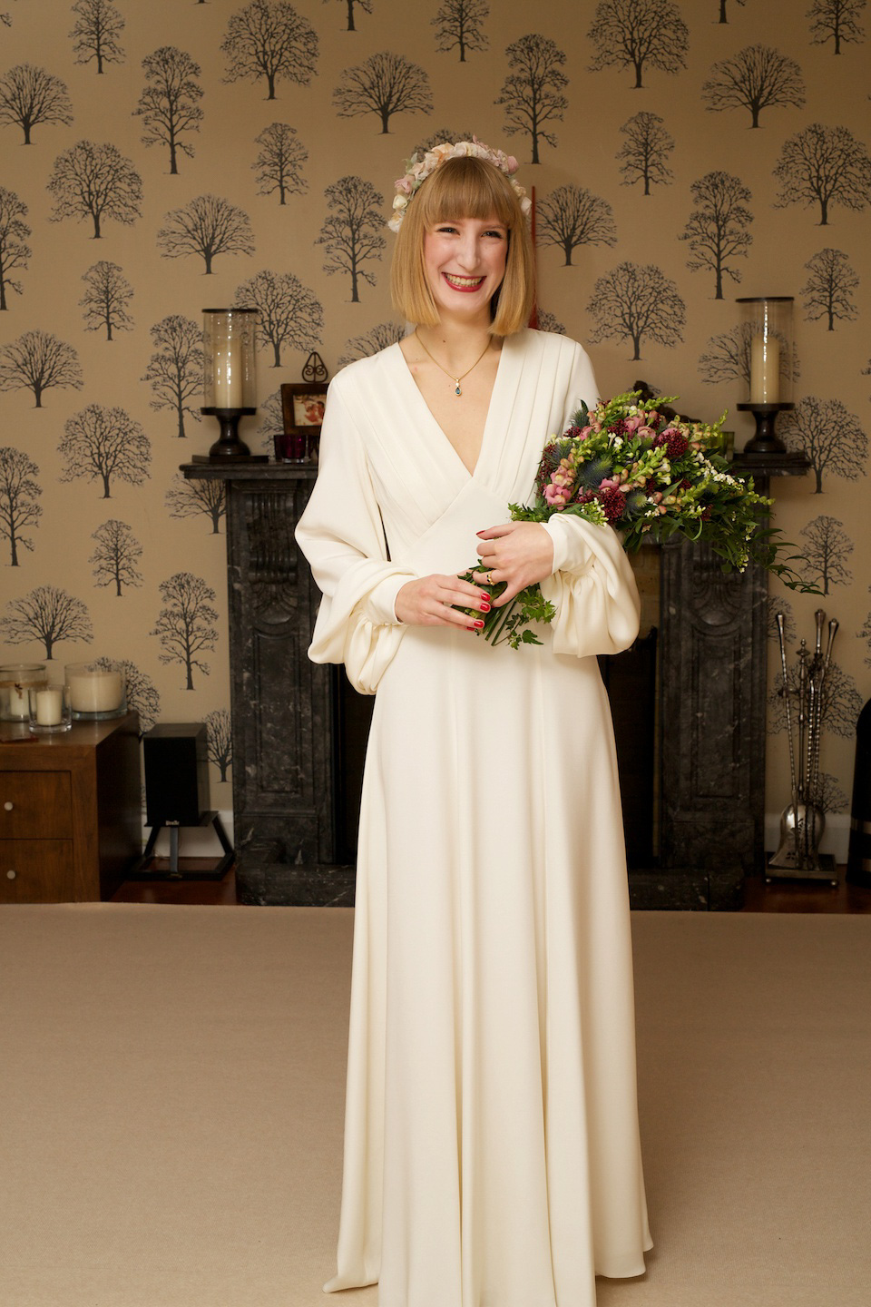 A 1970's Ossie Clarke inspired wedding dress for a stylish bride and her Winter Wedding in London. Photography by Sharon Cooper.