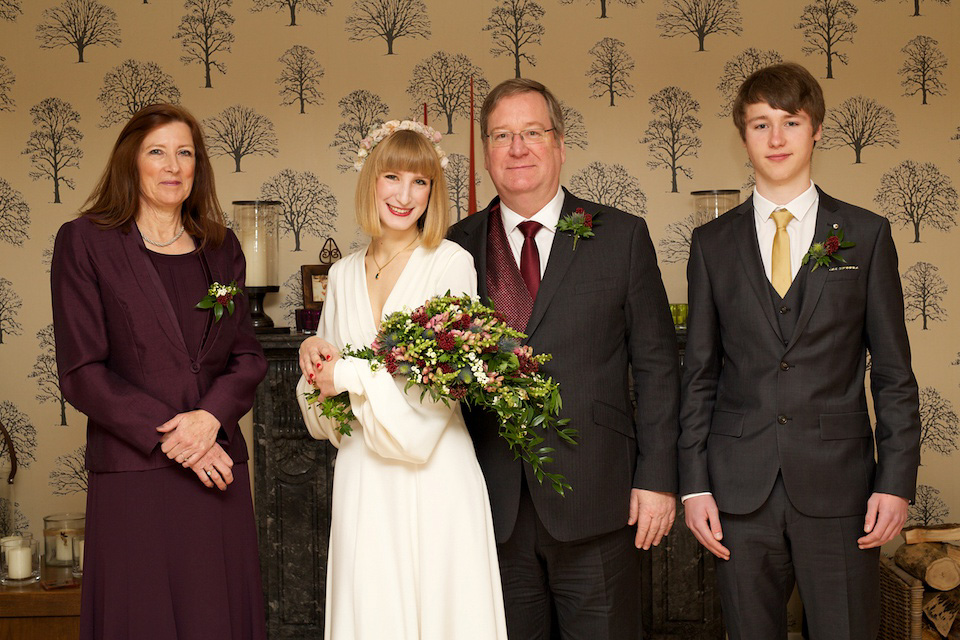 A 1970's Ossie Clarke inspired wedding dress for a stylish bride and her Winter Wedding in London. Photography by Sharon Cooper.