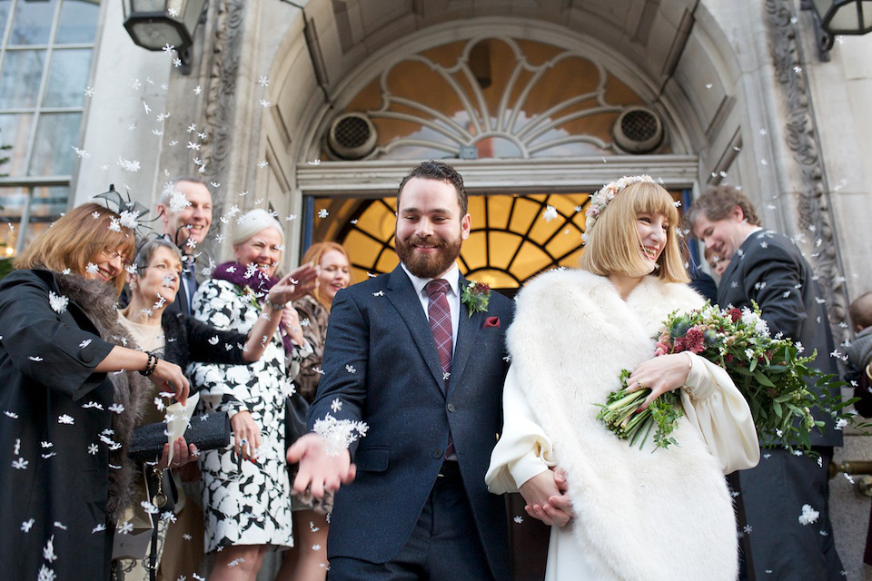 A 1970's Ossie Clarke inspired wedding dress for a stylish bride and her Winter Wedding in London. Photography by Sharon Cooper.