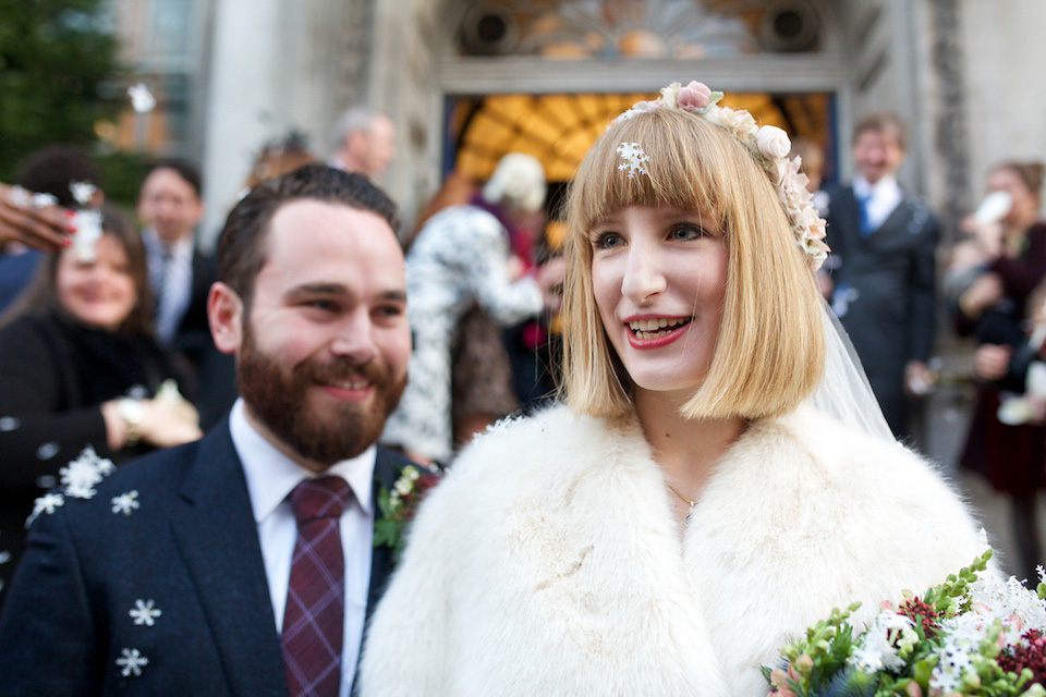 A 1970's Ossie Clarke inspired wedding dress for a stylish bride and her Winter Wedding in London. Photography by Sharon Cooper.