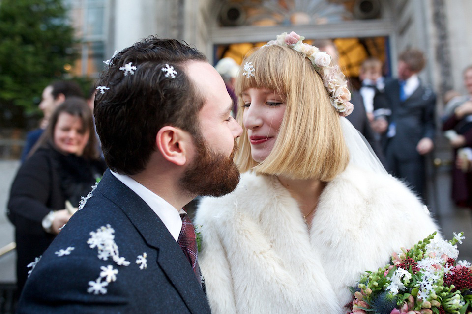 A 1970's Ossie Clarke inspired wedding dress for a stylish bride and her Winter Wedding in London. Photography by Sharon Cooper.