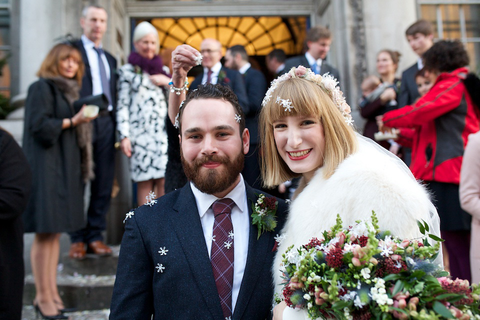 A 1970's Ossie Clarke inspired wedding dress for a stylish bride and her Winter Wedding in London. Photography by Sharon Cooper.