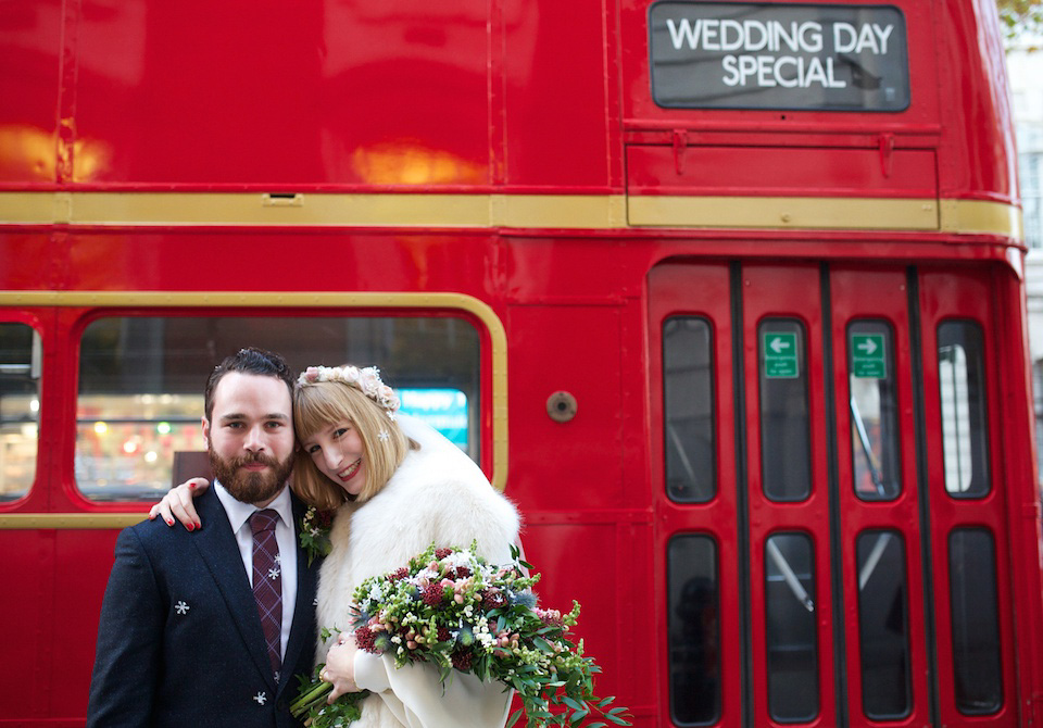 A 1970's Ossie Clarke inspired wedding dress for a stylish bride and her Winter Wedding in London. Photography by Sharon Cooper.