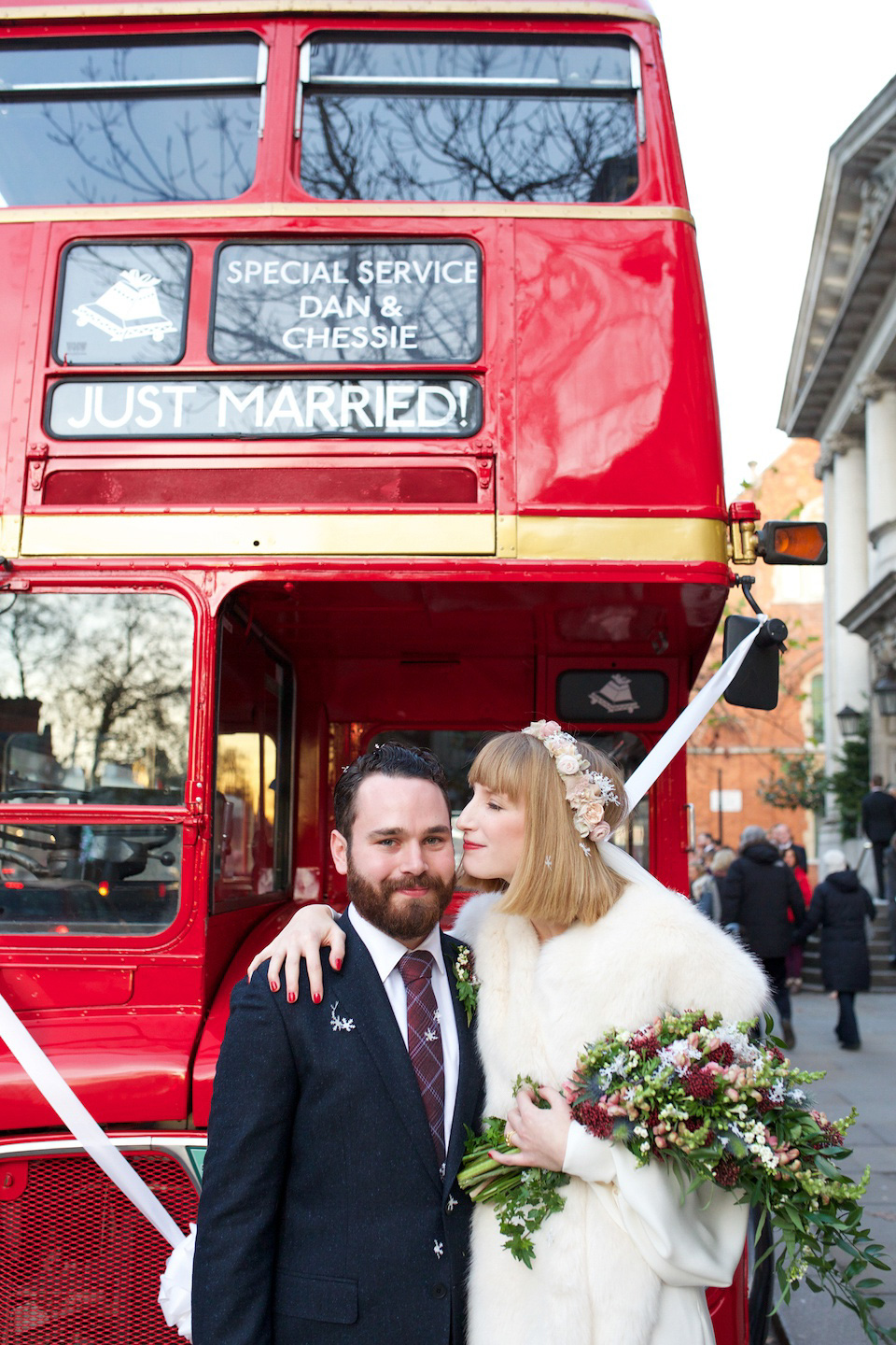 A 1970's Ossie Clarke inspired wedding dress for a stylish bride and her Winter Wedding in London. Photography by Sharon Cooper.