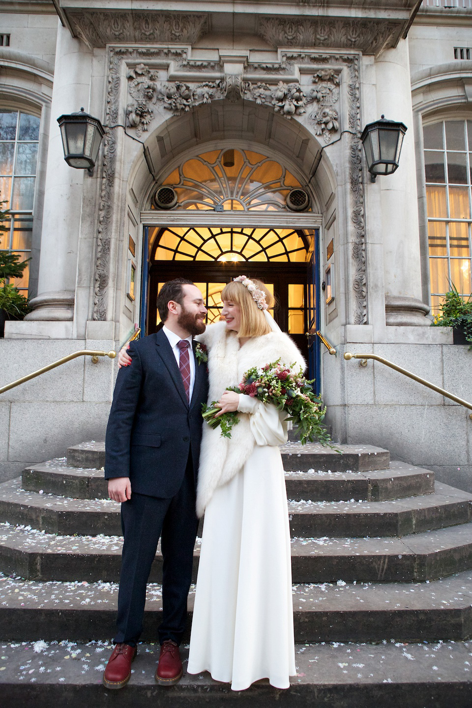 A 1970's Ossie Clarke inspired wedding dress for a stylish bride and her Winter Wedding in London. Photography by Sharon Cooper.