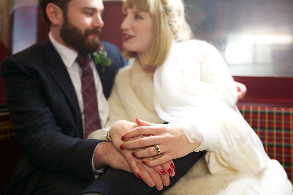 A 1970's Ossie Clarke inspired wedding dress for a stylish bride and her Winter Wedding in London. Photography by Sharon Cooper.