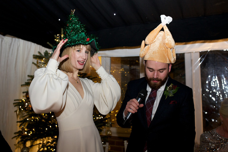 A 1970's Ossie Clarke inspired wedding dress for a stylish bride and her Winter Wedding in London. Photography by Sharon Cooper.