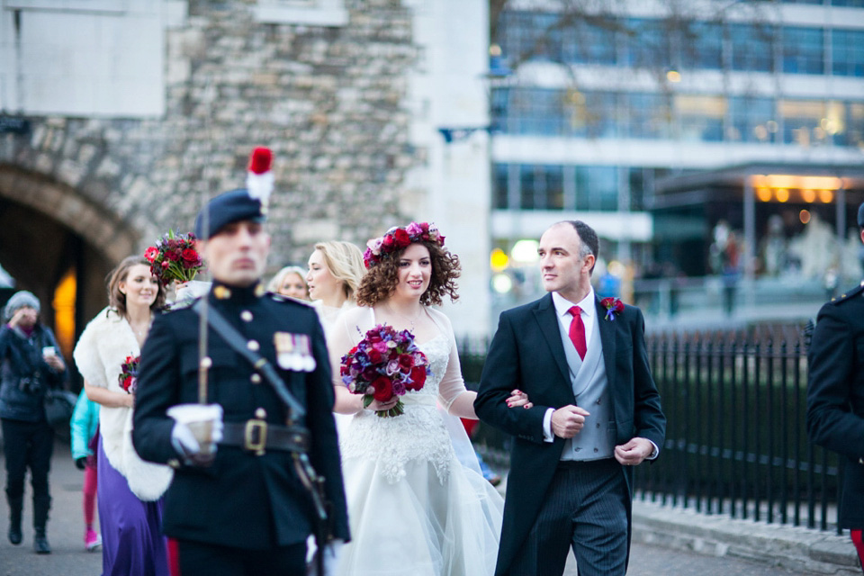 A Bride in Stephanie Allin for her Military Winter Wedding at the Tower of London. Images by Olliver Photography.