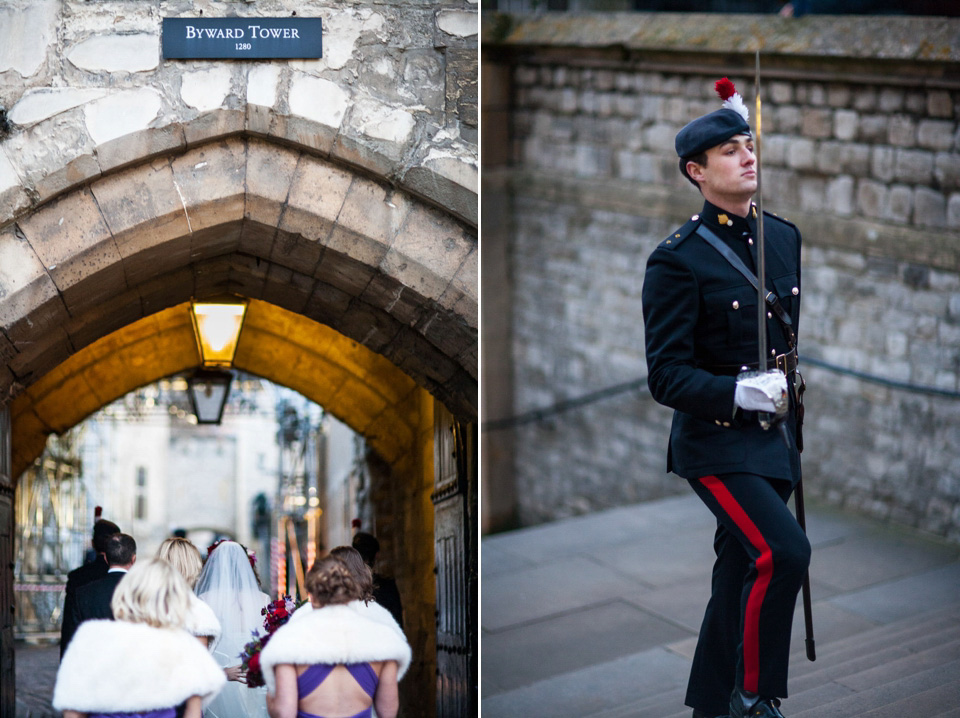 A Bride in Stephanie Allin for her Military Winter Wedding at the Tower of London. Images by Olliver Photography.