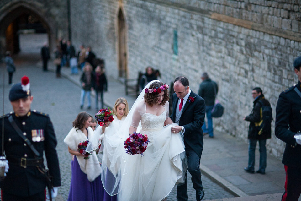 A Bride in Stephanie Allin for her Military Winter Wedding at the Tower of London. Images by Olliver Photography.