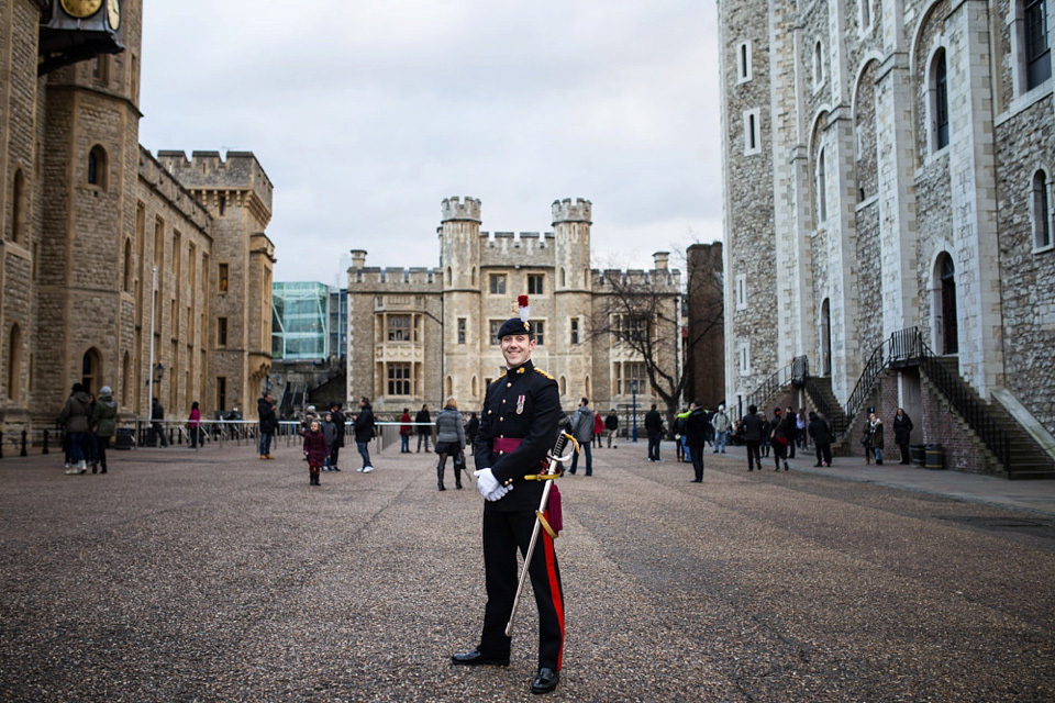 A Bride in Stephanie Allin for her Military Winter Wedding at the Tower of London. Images by Olliver Photography.