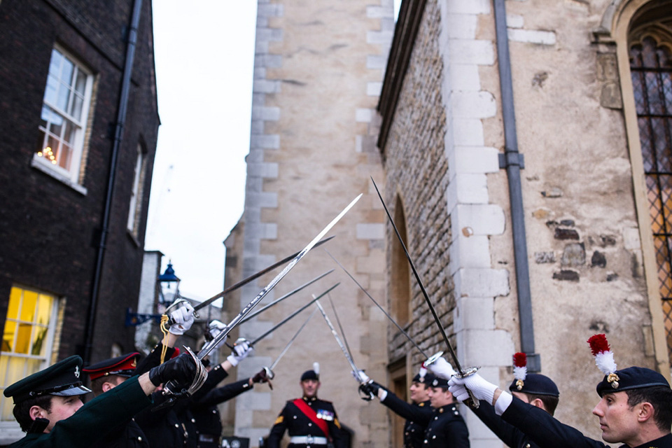 A Bride in Stephanie Allin for her Military Winter Wedding at the Tower of London. Images by Olliver Photography.