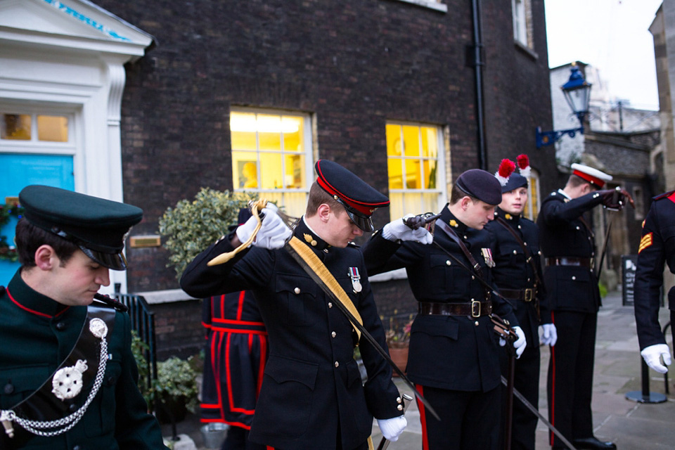 A Bride in Stephanie Allin for her Military Winter Wedding at the Tower of London. Images by Olliver Photography.