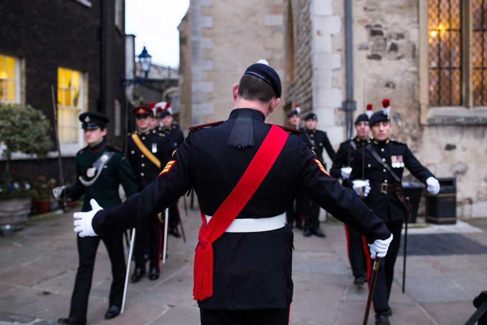 A Bride in Stephanie Allin for her Military Winter Wedding at the Tower of London. Images by Olliver Photography.