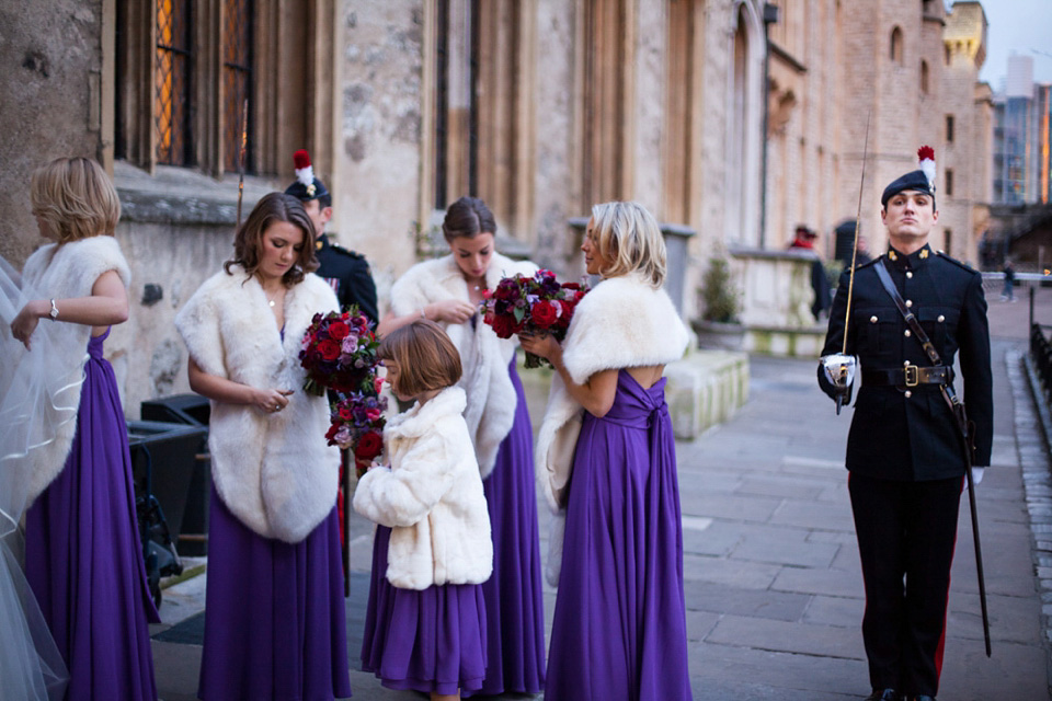 A Bride in Stephanie Allin for her Military Winter Wedding at the Tower of London. Images by Olliver Photography.