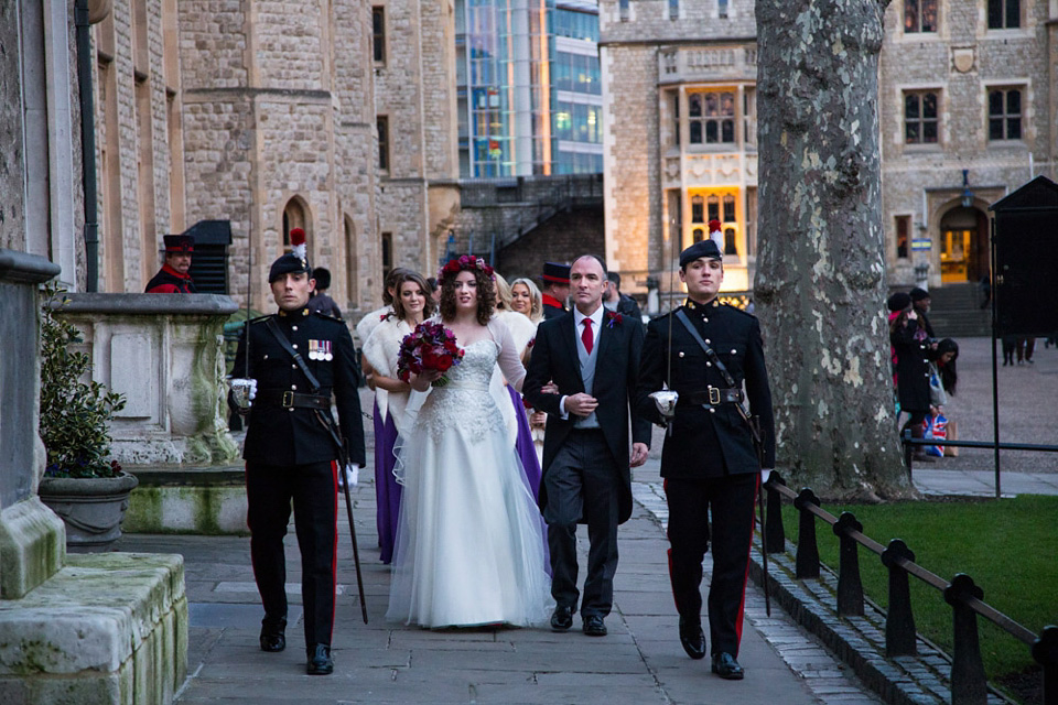 A Bride in Stephanie Allin for her Military Winter Wedding at the Tower of London. Images by Olliver Photography.
