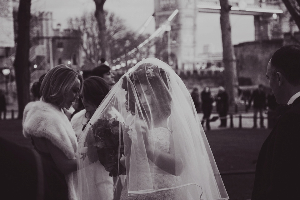 A Bride in Stephanie Allin for her Military Winter Wedding at the Tower of London. Images by Olliver Photography.