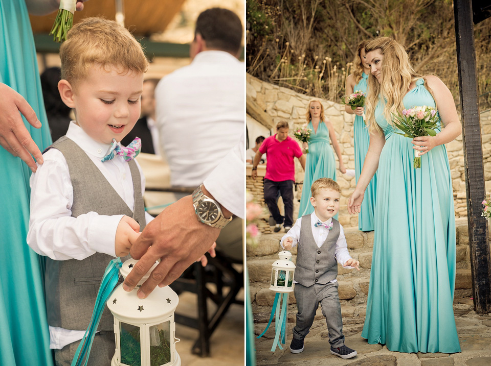 A destinatoin wedding in Zakynthos, Greece. The bride wears Ronald Joyce and her maids wear twobirds Bridesmaid.  Photography by Nick Kontostavlakis.