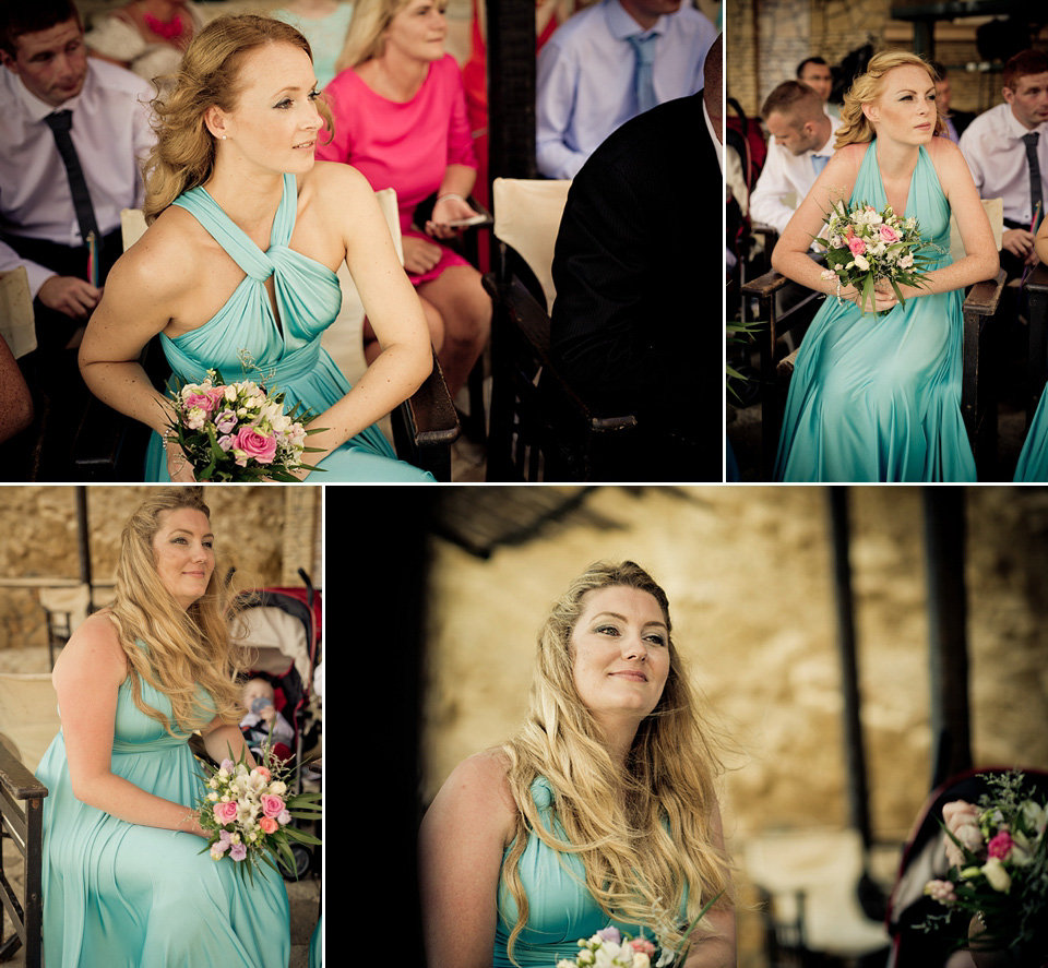 A destinatoin wedding in Zakynthos, Greece. The bride wears Ronald Joyce and her maids wear twobirds Bridesmaid.  Photography by Nick Kontostavlakis.