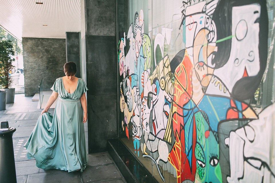 A pale green silk dress by The State of Grace, for an elegant London Wedding. Photography by Lee Garland.