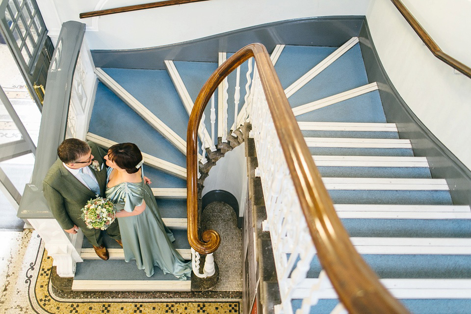 A pale green silk dress by The State of Grace, for an elegant London Wedding. Photography by Lee Garland.